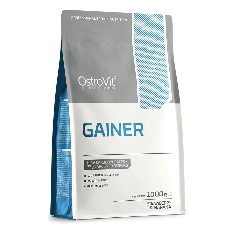 OstroVit Gainer 1000 g jordbær–banan Karbohydrat- og proteinpulver – inneholder 77 % karbohydrater og 10 % proteiner per porsjon