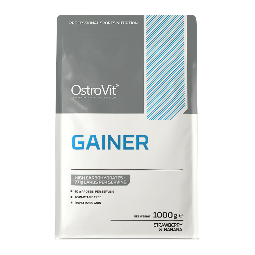 OstroVit Gainer 1000 g jordbær–banan Karbohydrat- og proteinpulver – inneholder 77 % karbohydrater og 10 % proteiner per porsjon