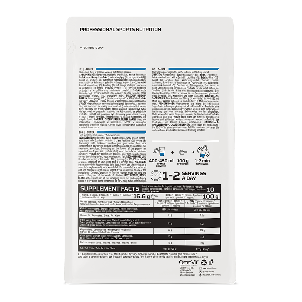 OstroVit Gainer 1000 g jordbær–banan Karbohydrat- og proteinpulver – inneholder 77 % karbohydrater og 10 % proteiner per porsjon