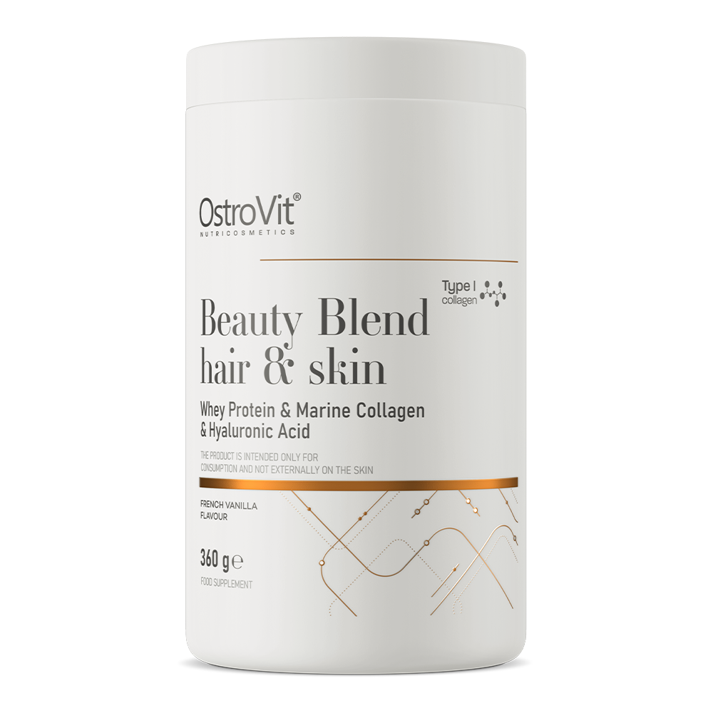 OstroVit Beauty Blend Hair & Skin 360 g fransk vanilje Et komplett kosttilskudd som blant annet inneholder protein, kollagen og vitaminer.