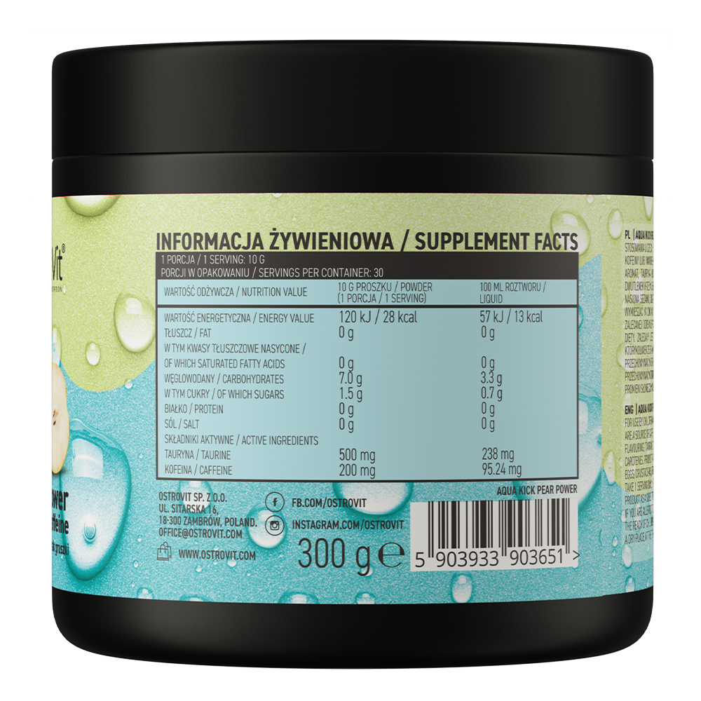 OstroVit Aqua Kick Pear Power 300 g Pæresmak – kosttilskudd med taurin og koffein