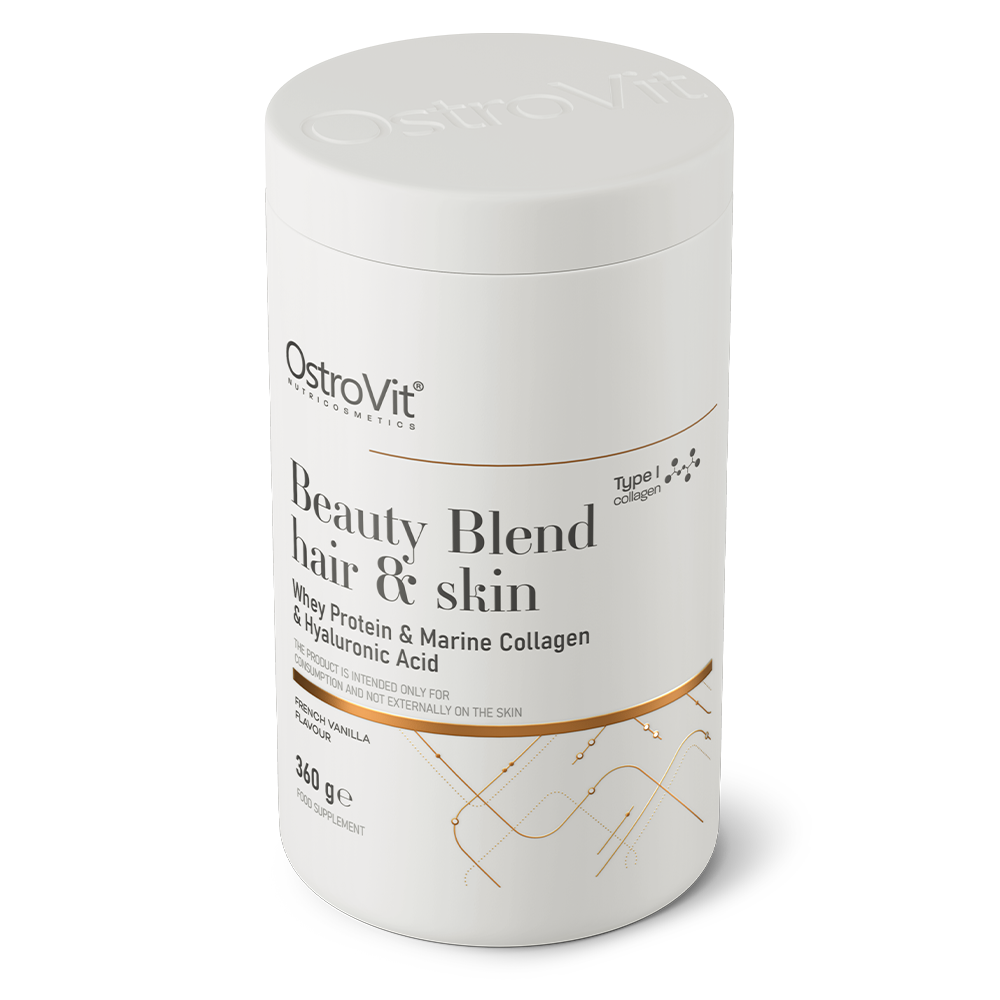 OstroVit Beauty Blend Hair & Skin 360 g fransk vanilje Et komplett kosttilskudd som blant annet inneholder protein, kollagen og vitaminer.