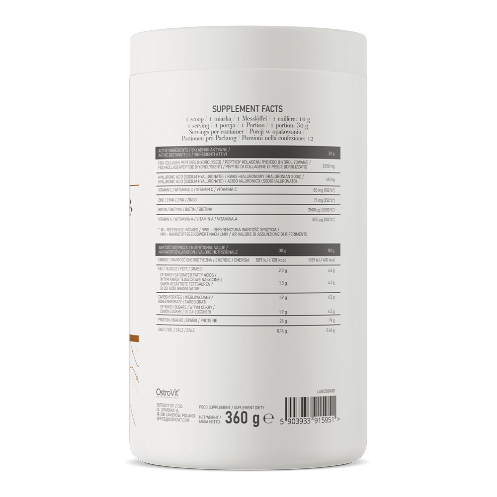 OstroVit Beauty Blend Hair & Skin 360 g fransk vanilje Et komplett kosttilskudd som blant annet inneholder protein, kollagen og vitaminer.