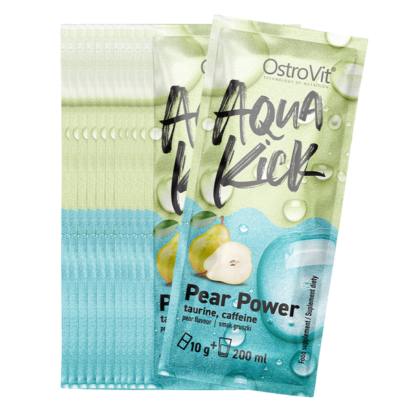 OstroVit Aqua Kick Pear Power 10 g x 24 BOKS Praktiske porsjonsposer med pæresmak, som inneholder koffein og taurin