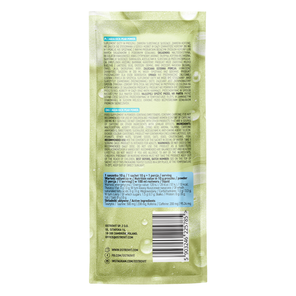 OstroVit Aqua Kick Pear Power 10 g x 24 BOKS Praktiske porsjonsposer med pæresmak, som inneholder koffein og taurin