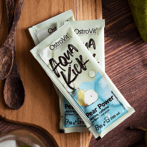 OstroVit Aqua Kick Pear Power 10 g x 24 BOKS Praktiske porsjonsposer med pæresmak, som inneholder koffein og taurin