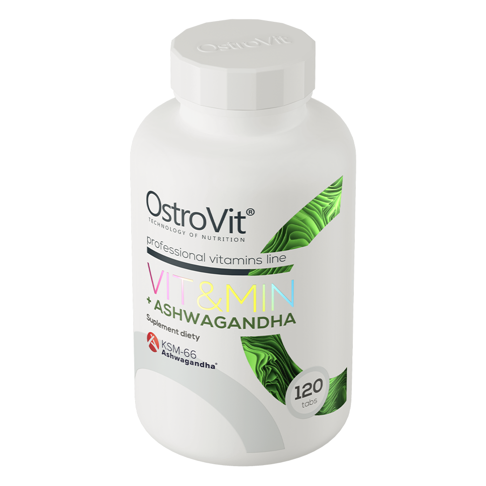 OstroVit VIT&MIN + Ashwagandha 120 tabletter Et komplett kosttilskudd med ashwagandha, som inneholder vitaminer og mineraler.