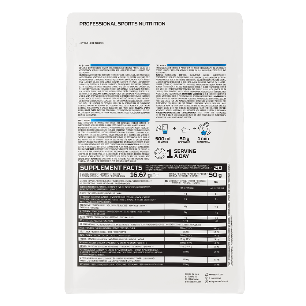 OstroVit Carbo 1000 g vannmelon Karbohydrattilskudd med vannmelon smak, beriket med verdifulle ingredienser.