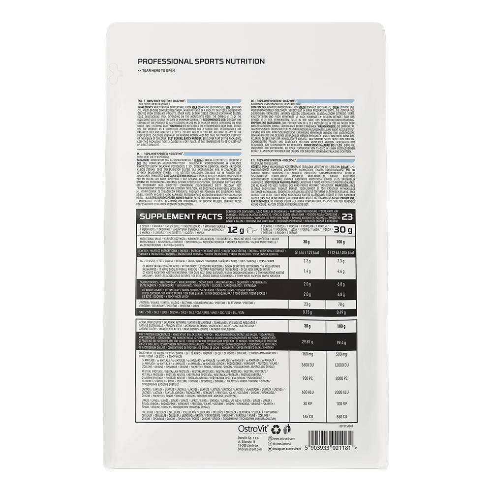OstroVit 100% Whey Protein + Digezyme 700g Naturell En konsentrert proteinkilde i form av myseproteinkonsentrat og fordøyelsesenzymer DigeZyme®