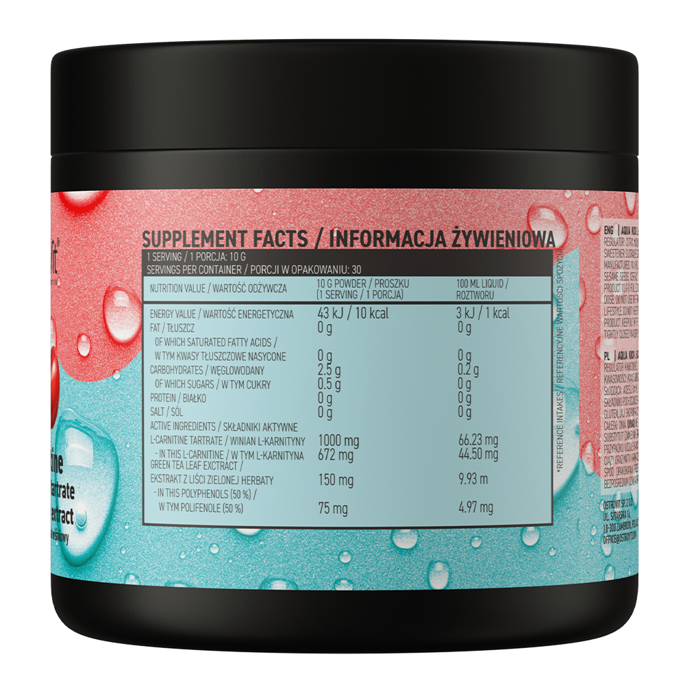 OstroVit Aqua Kick L-Carnitine 300g Vegansk produkt med L-karnitintartrat og ekstrakt av grønn te-blader.