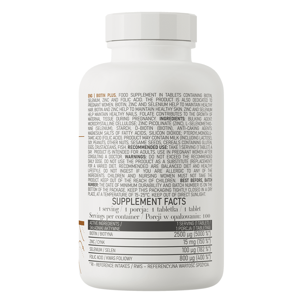 OstroVit Biotin Plus 100 tabletter  Kosttilskudd med biotin, beriket med sink, selen og folsyre.