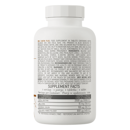 OstroVit Biotin Plus 100 tabletter  Kosttilskudd med biotin, beriket med sink, selen og folsyre.