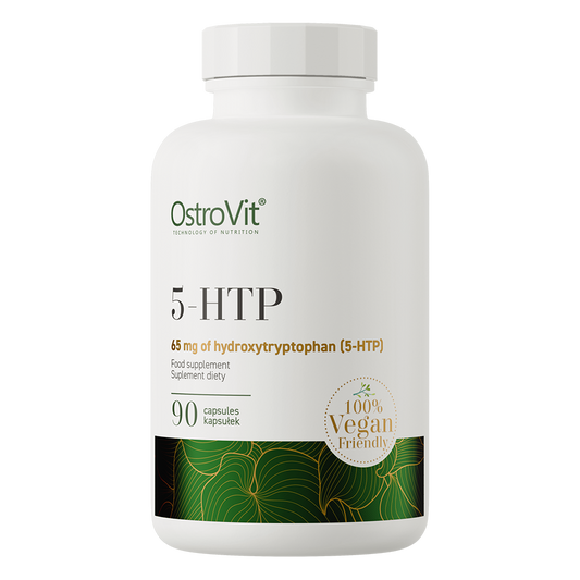 OstroVit 5-HTP VEGE 90 kapsler Kosttilskudd som utgjør en konsentrert kilde til 5-hydroksytryptofan, L-tryptofan og vitamin B6.