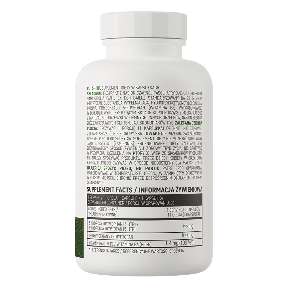 OstroVit 5-HTP VEGE 90 kapsler Kosttilskudd som utgjør en konsentrert kilde til 5-hydroksytryptofan, L-tryptofan og vitamin B6.
