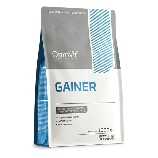 OstroVit Gainer 1000 g jordbær–banan Karbohydrat- og proteinpulver – inneholder 77 % karbohydrater og 10 % proteiner per porsjon
