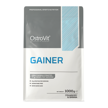 OstroVit Gainer 1000 g jordbær–banan Karbohydrat- og proteinpulver – inneholder 77 % karbohydrater og 10 % proteiner per porsjon