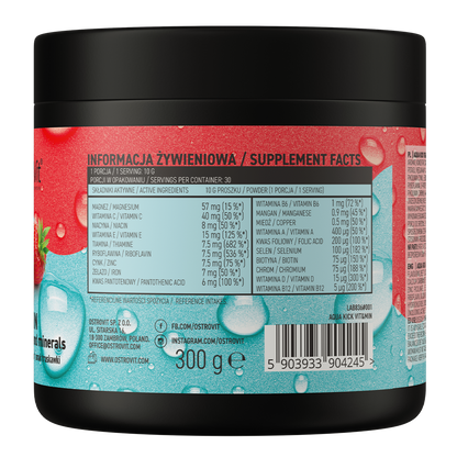 OstroVit Aqua Kick VIT&MIN 300 g Jordbærsmak – pulvertilskudd med vitaminer og mineraler