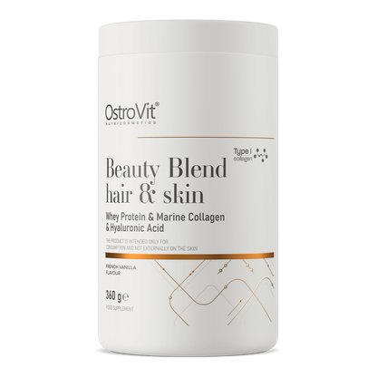 OstroVit Beauty Blend Hair & Skin 360 g fransk vanilje Et komplett kosttilskudd som blant annet inneholder protein, kollagen og vitaminer.