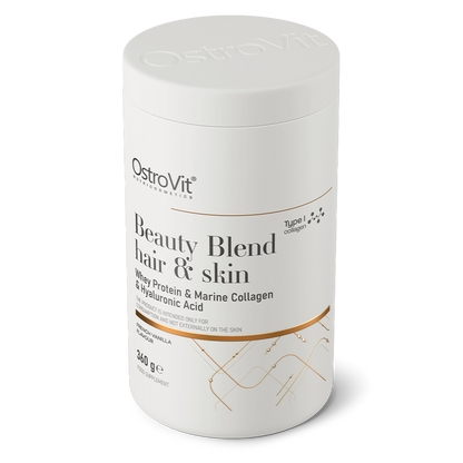 OstroVit Beauty Blend Hair & Skin 360 g fransk vanilje Et komplett kosttilskudd som blant annet inneholder protein, kollagen og vitaminer.