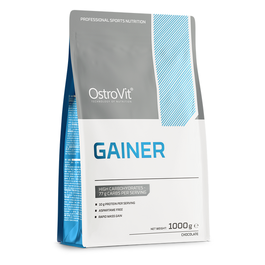 OstroVit Gainer 1000 g sjokolade Karbohydrat- og proteinpulver – inneholder 77 % karbohydrater og 10 % proteiner per porsjon.