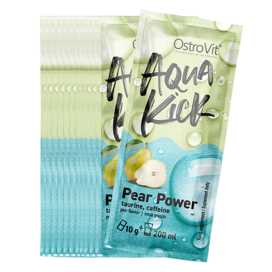 OstroVit Aqua Kick Pear Power 10 g x 24 BOKS Praktiske porsjonsposer med pæresmak, som inneholder koffein og taurin