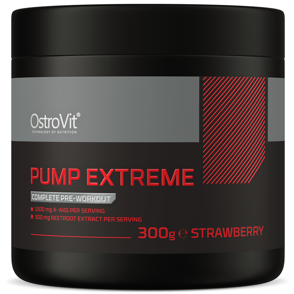 OstroVit Pump Extreme 300g Jordbær  13-komponents kosttilskudd uten tilsatt sukker, som blant annet inneholder koffein og AAKG.