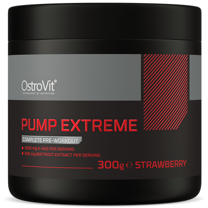 OstroVit Pump Extreme 300g Jordbær  13-komponents kosttilskudd uten tilsatt sukker, som blant annet inneholder koffein og AAKG.