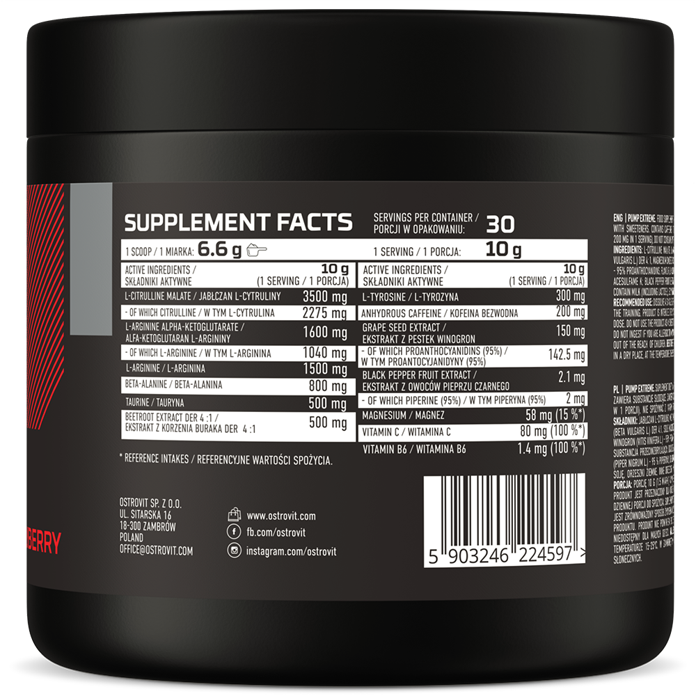 OstroVit Pump Extreme 300g Jordbær  13-komponents kosttilskudd uten tilsatt sukker, som blant annet inneholder koffein og AAKG.