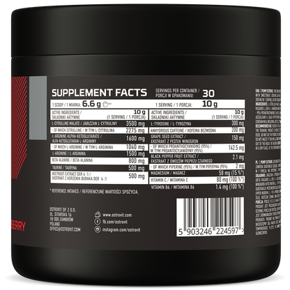 OstroVit Pump Extreme 300g Jordbær  13-komponents kosttilskudd uten tilsatt sukker, som blant annet inneholder koffein og AAKG.