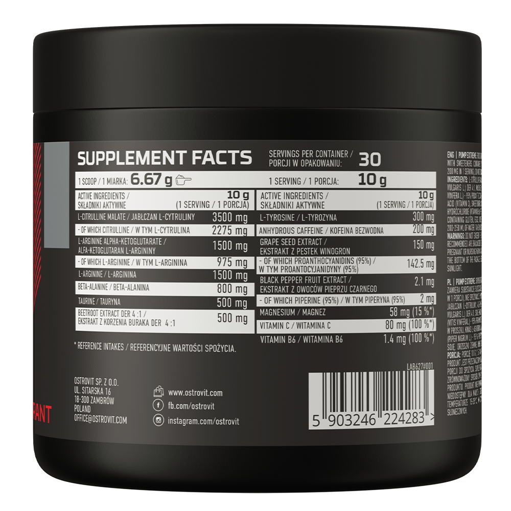 OstroVit Pump Extreme 300g Solbær Preparat med L-citrullinmalat, som også er en kilde til 12 andre stoffer.