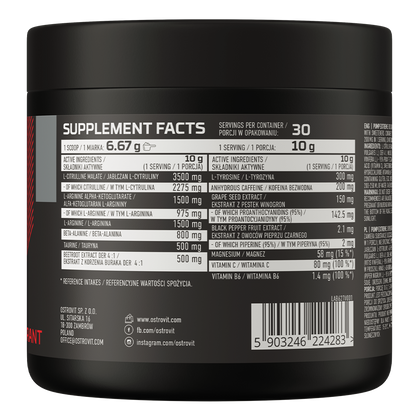 OstroVit Pump Extreme 300g Solbær Preparat med L-citrullinmalat, som også er en kilde til 12 andre stoffer.