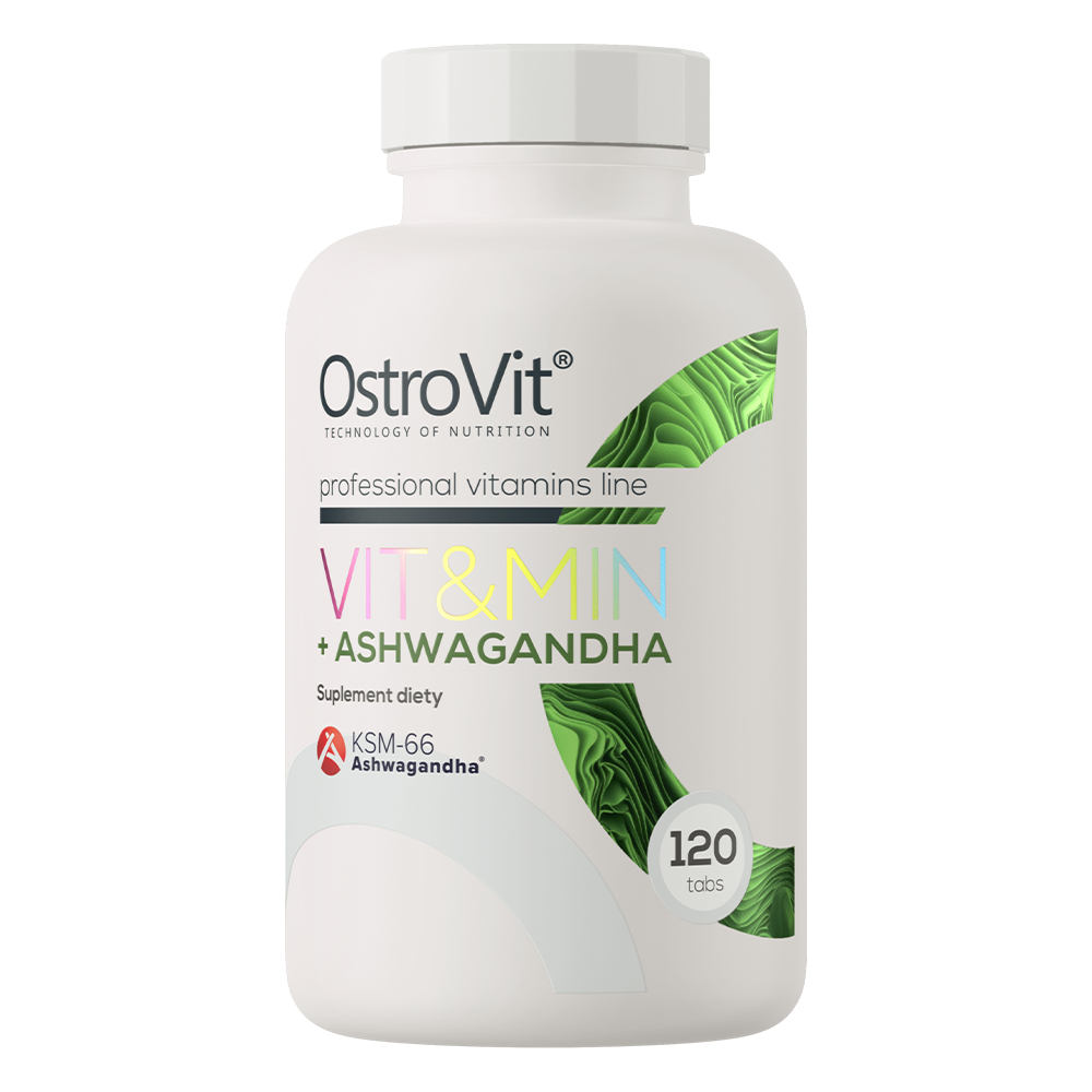 OstroVit VIT&MIN + Ashwagandha 120 tabletter Et komplett kosttilskudd med ashwagandha, som inneholder vitaminer og mineraler.