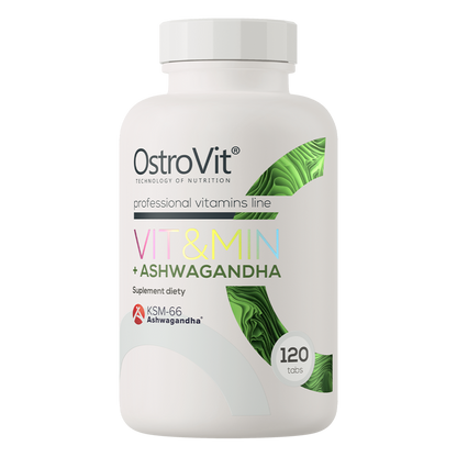 OstroVit VIT&MIN + Ashwagandha 120 tabletter Et komplett kosttilskudd med ashwagandha, som inneholder vitaminer og mineraler.