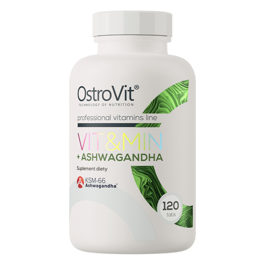 OstroVit VIT&MIN + Ashwagandha 120 tabletter Et komplett kosttilskudd med ashwagandha, som inneholder vitaminer og mineraler.