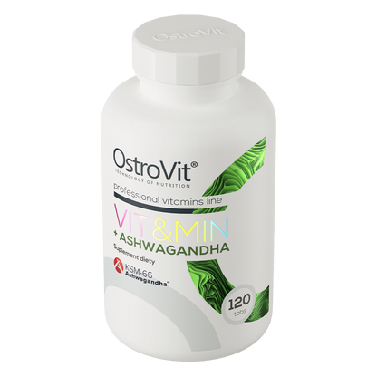 OstroVit VIT&MIN + Ashwagandha 120 tabletter Et komplett kosttilskudd med ashwagandha, som inneholder vitaminer og mineraler.