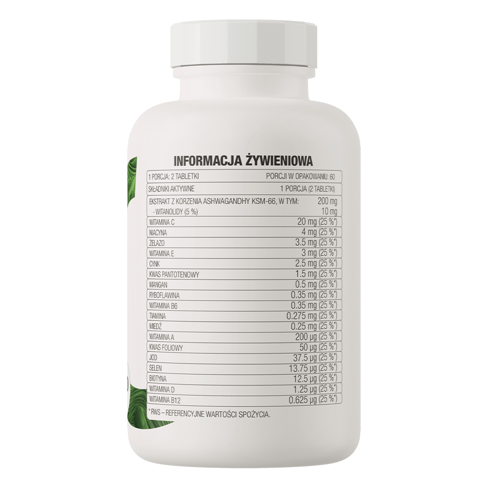 OstroVit VIT&MIN + Ashwagandha 120 tabletter Et komplett kosttilskudd med ashwagandha, som inneholder vitaminer og mineraler.