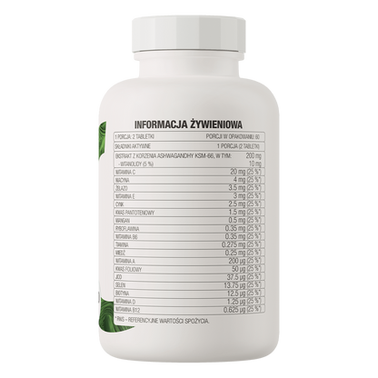 OstroVit VIT&MIN + Ashwagandha 120 tabletter Et komplett kosttilskudd med ashwagandha, som inneholder vitaminer og mineraler.