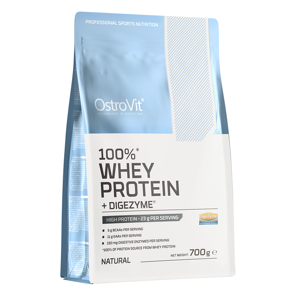 OstroVit 100% Whey Protein + Digezyme 700g Naturell En konsentrert proteinkilde i form av myseproteinkonsentrat og fordøyelsesenzymer DigeZyme®