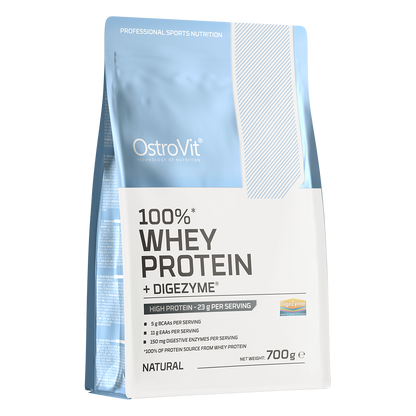 OstroVit 100% Whey Protein + Digezyme 700g Naturell En konsentrert proteinkilde i form av myseproteinkonsentrat og fordøyelsesenzymer DigeZyme®