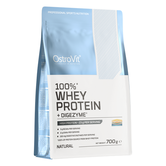 OstroVit 100% Whey Protein + Digezyme 700g Naturell En konsentrert proteinkilde i form av myseproteinkonsentrat og fordøyelsesenzymer DigeZyme®