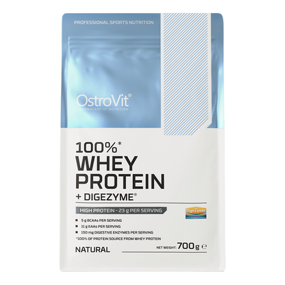 OstroVit 100% Whey Protein + Digezyme 700g Naturell En konsentrert proteinkilde i form av myseproteinkonsentrat og fordøyelsesenzymer DigeZyme®