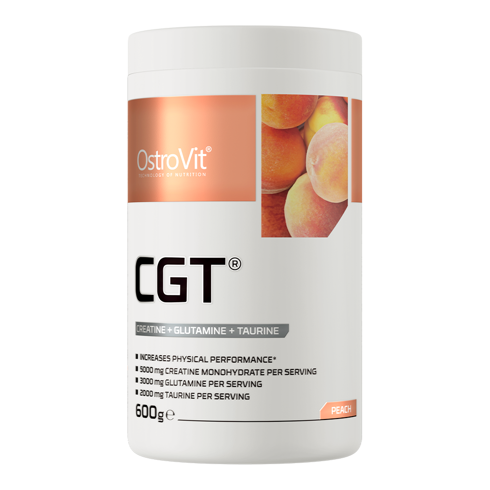 OstroVit CGT 600g Fersken Vegansk produkt som inneholder kreatinmonohydrat, L-glutamin og taurin.