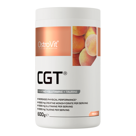 OstroVit CGT 600g Fersken Vegansk produkt som inneholder kreatinmonohydrat, L-glutamin og taurin.