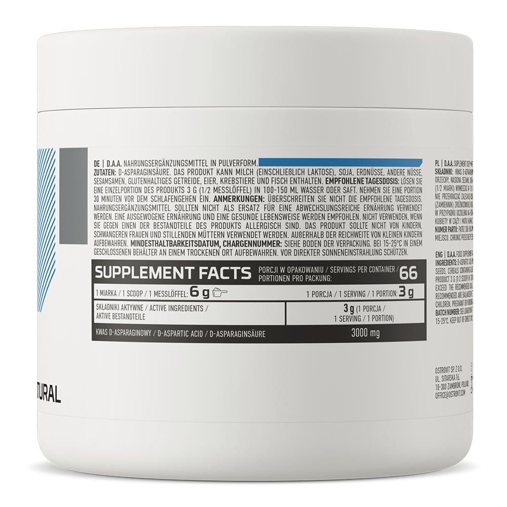 OstroVit D.A.A. 200g Naturlig Kosttilskudd med D-asparaginsyre – 3000 mg av virkestoffet per porsjon.