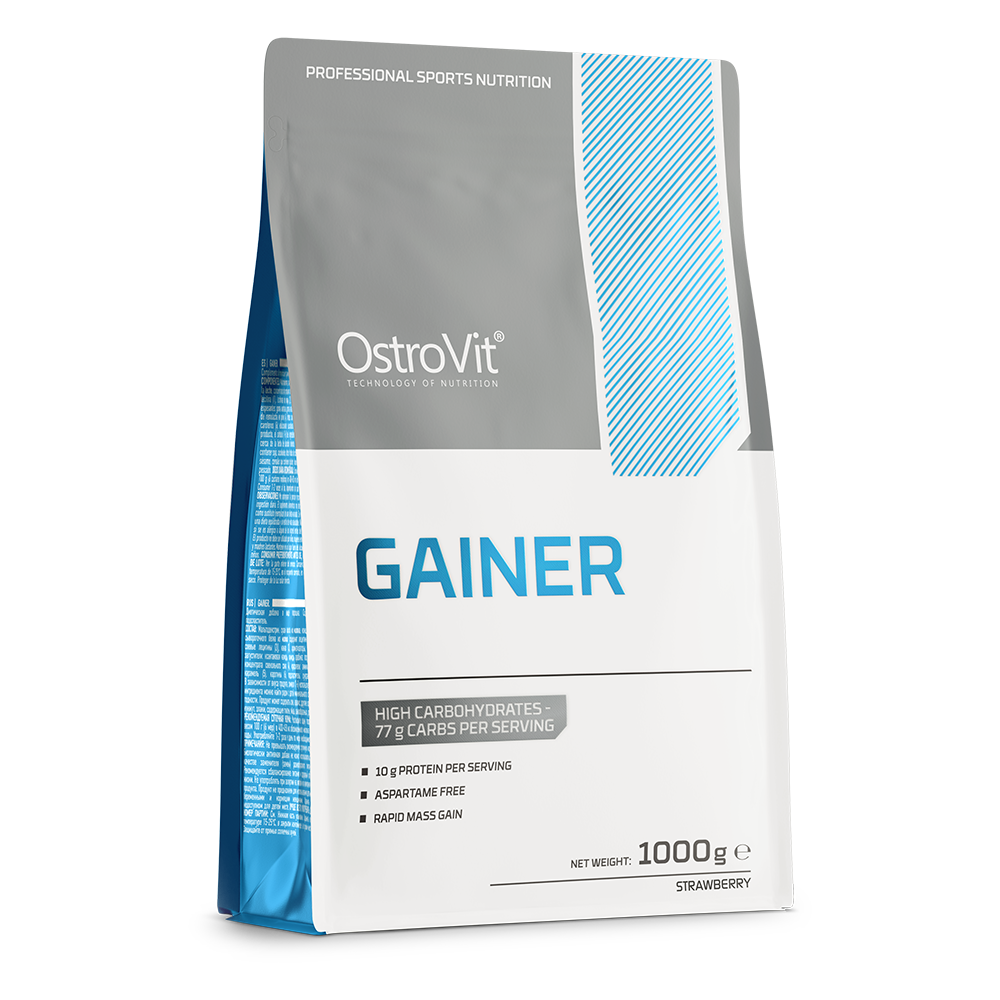 OstroVit Gainer 1000g Jordbær Karbohydrat-proteinpulver – inneholder 77% karbohydrater og 10% protein per porsjon