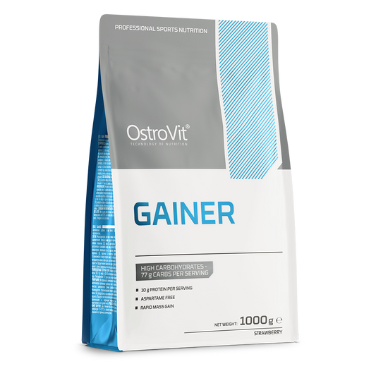 OstroVit Gainer 1000g Jordbær Karbohydrat-proteinpulver – inneholder 77% karbohydrater og 10% protein per porsjon