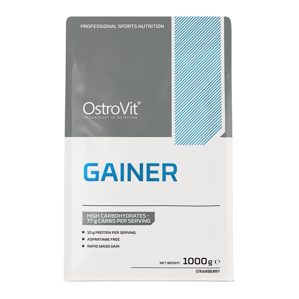 OstroVit Gainer 1000g Jordbær Karbohydrat-proteinpulver – inneholder 77% karbohydrater og 10% protein per porsjon