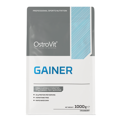 OstroVit Gainer 1000g Jordbær Karbohydrat-proteinpulver – inneholder 77% karbohydrater og 10% protein per porsjon